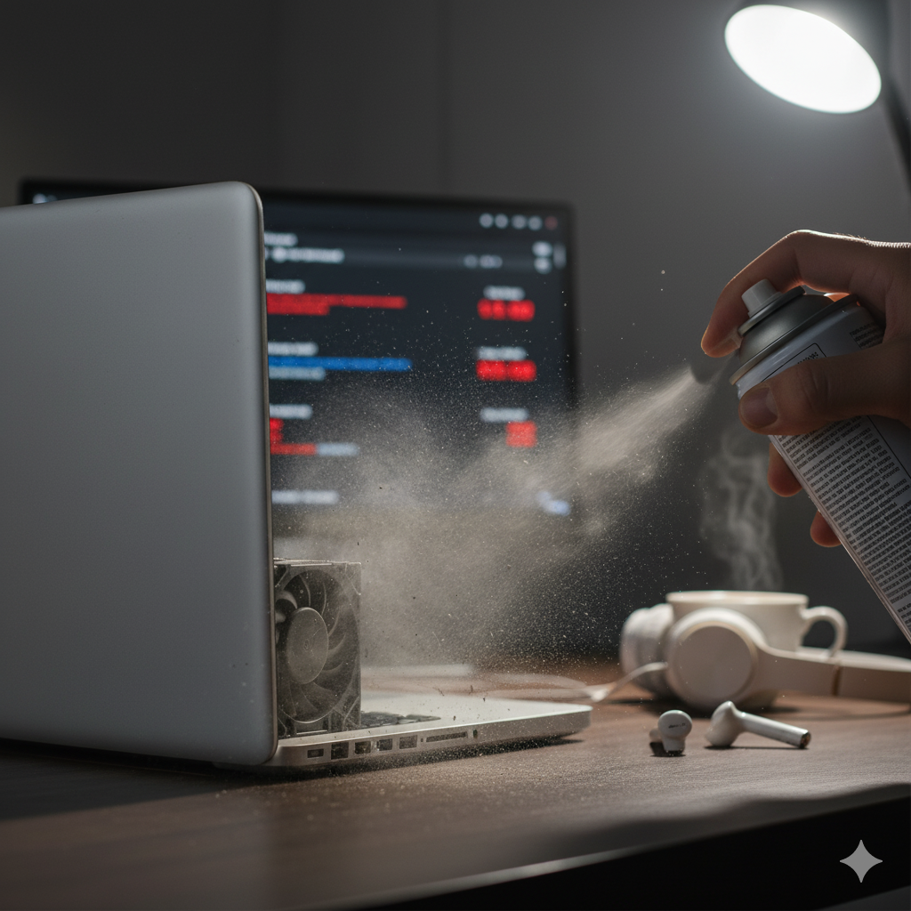 A person using a can of compressed air to clean dust from a laptop's fan and vents, illustrating a common fix for a laptop fan running loud non-stop.